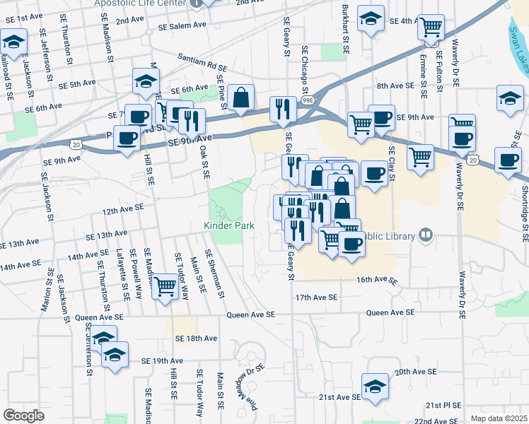 map of restaurants, bars, coffee shops, grocery stores, and more near 1332 Southeast Cleveland Street in Albany