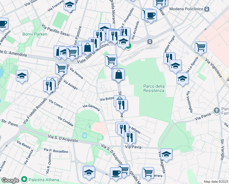 map of restaurants, bars, coffee shops, grocery stores, and more near 17 Via Bartolomeo De' Polli in Modena