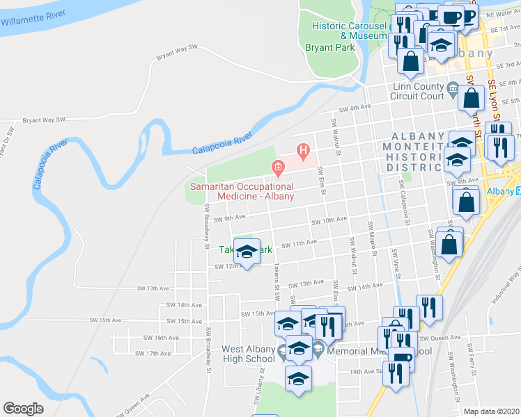 map of restaurants, bars, coffee shops, grocery stores, and more near 1205 Southwest 9th Avenue in Albany