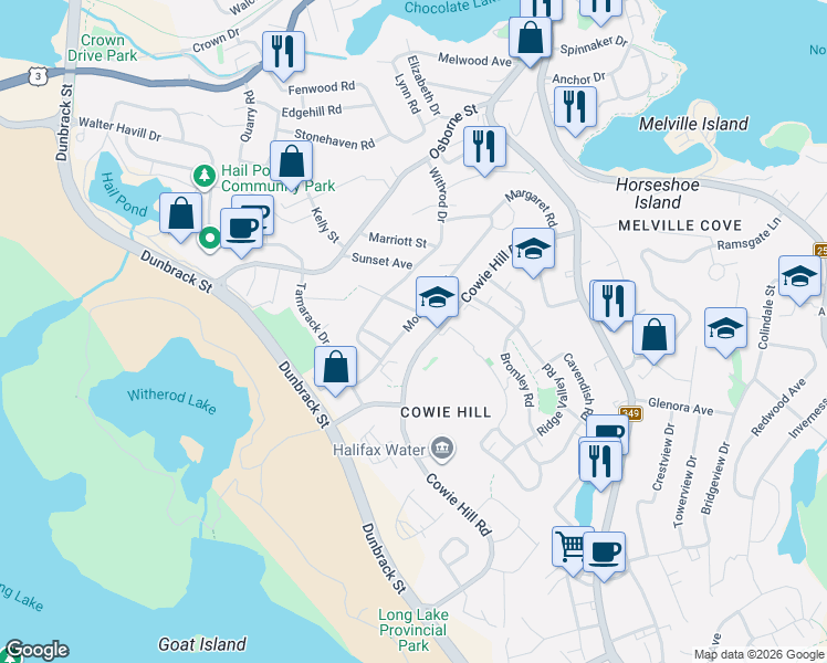 map of restaurants, bars, coffee shops, grocery stores, and more near 52 Mountain Road in Halifax