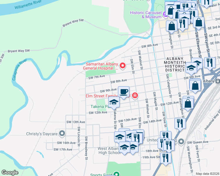 map of restaurants, bars, coffee shops, grocery stores, and more near 838 Takena Street Southwest in Albany