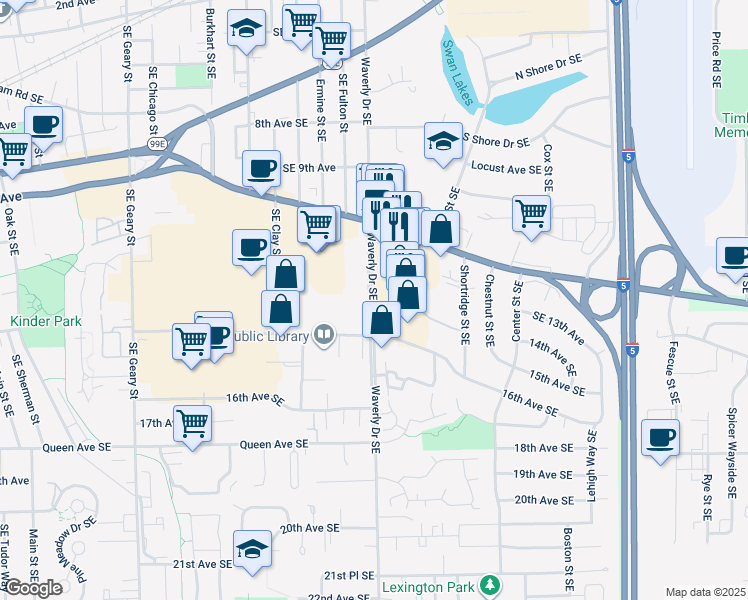 map of restaurants, bars, coffee shops, grocery stores, and more near 1270 Southeast Waverly Drive in Albany