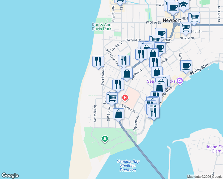 map of restaurants, bars, coffee shops, grocery stores, and more near 794 Southwest Case Street in Newport