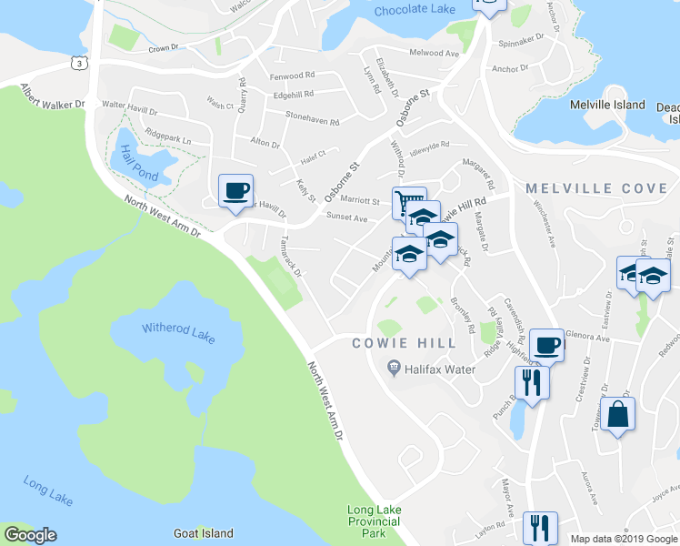 map of restaurants, bars, coffee shops, grocery stores, and more near 92 Withrod Drive in Halifax