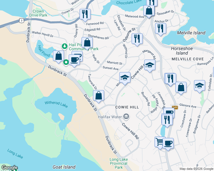 map of restaurants, bars, coffee shops, grocery stores, and more near 92 Withrod Drive in Halifax