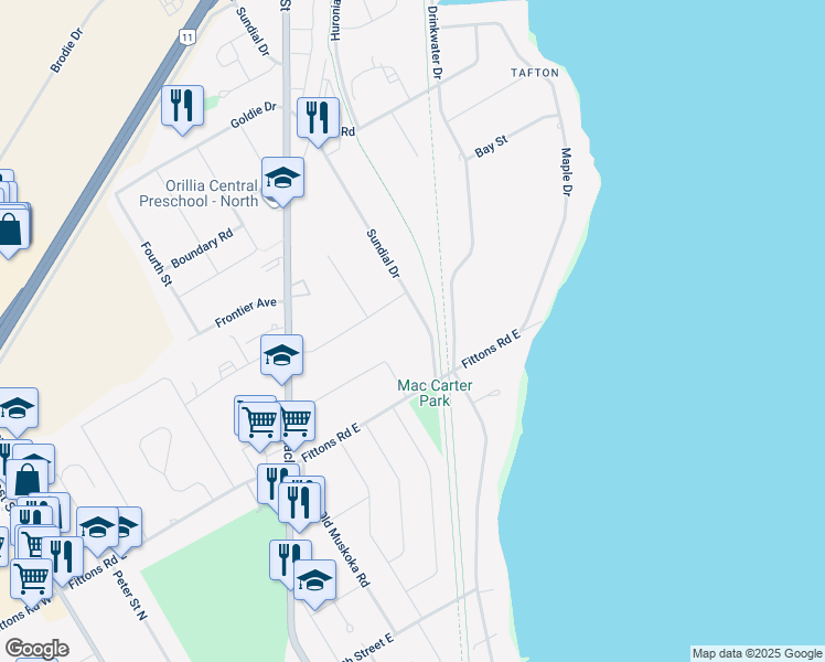 map of restaurants, bars, coffee shops, grocery stores, and more near 381 Sundial Drive in Orillia