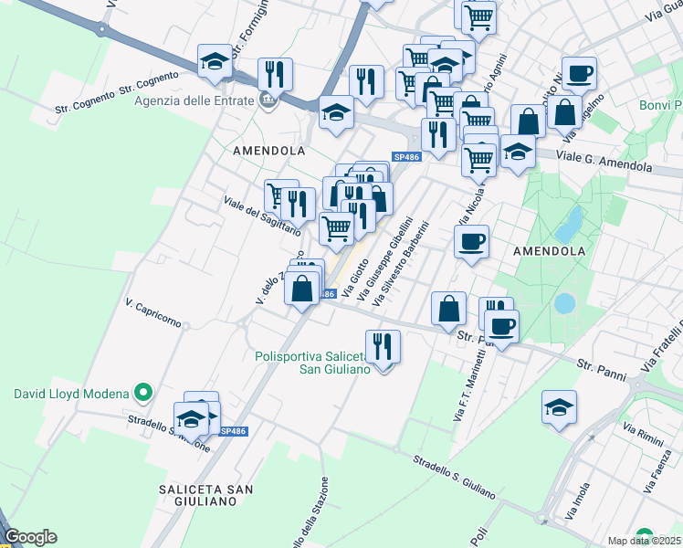 map of restaurants, bars, coffee shops, grocery stores, and more near 791 Via Pietro Giardini in Modena