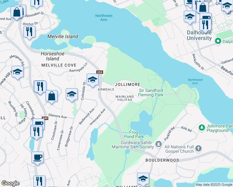 map of restaurants, bars, coffee shops, grocery stores, and more near 1 Shaw Crescent in Halifax