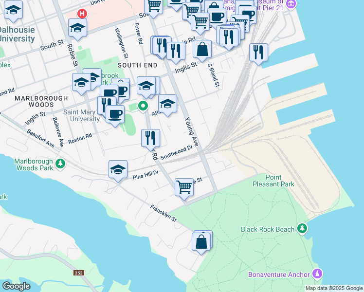 map of restaurants, bars, coffee shops, grocery stores, and more near 5724 Southwood Drive in Halifax