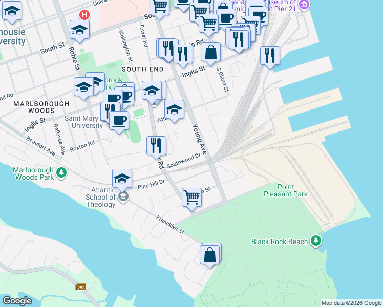 map of restaurants, bars, coffee shops, grocery stores, and more near 5719 Southwood Drive in Halifax