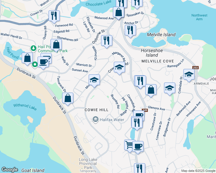 map of restaurants, bars, coffee shops, grocery stores, and more near 30 Ridge Valley Road in Halifax