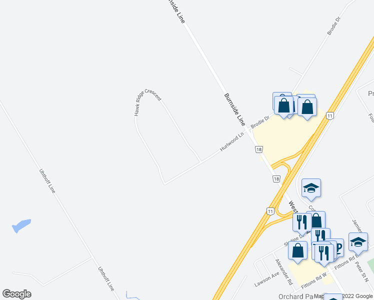 map of restaurants, bars, coffee shops, grocery stores, and more near 1372 Hawk Ridge Crescent in Orillia