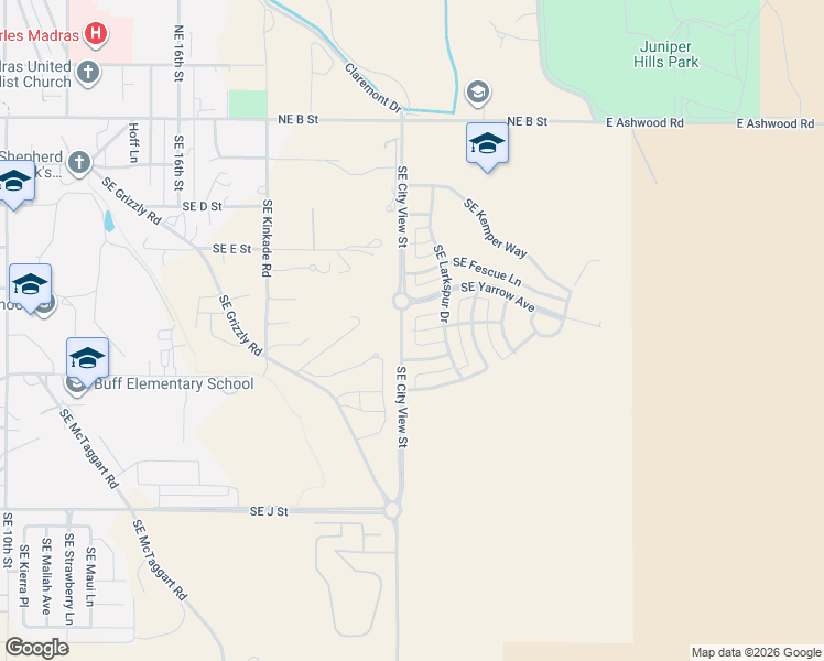 map of restaurants, bars, coffee shops, grocery stores, and more near Southeast Greenleaf Lane in Madras