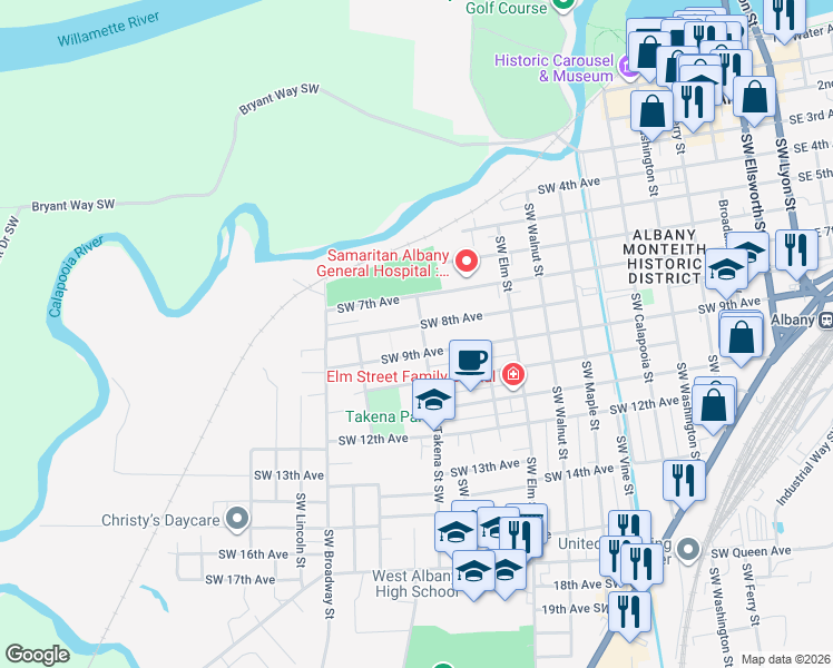 map of restaurants, bars, coffee shops, grocery stores, and more near 838 Takena Street Southwest in Albany