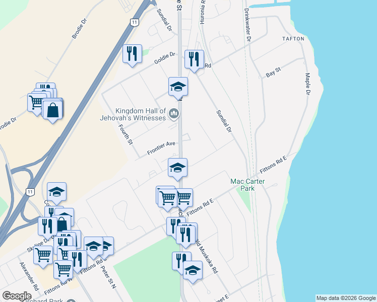 map of restaurants, bars, coffee shops, grocery stores, and more near 486 Laclie Street in Orillia