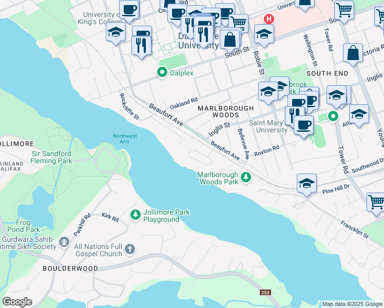 map of restaurants, bars, coffee shops, grocery stores, and more near 1104 Belmont on the Arm in Halifax