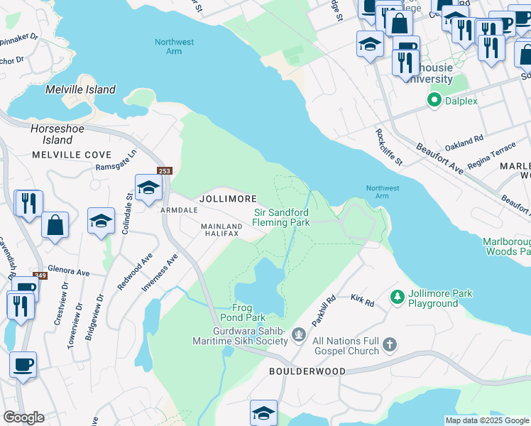 map of restaurants, bars, coffee shops, grocery stores, and more near 35 Dingle Road in Halifax