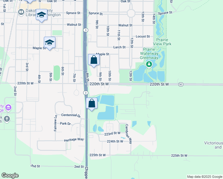 map of restaurants, bars, coffee shops, grocery stores, and more near 3360 220th Street West in Farmington