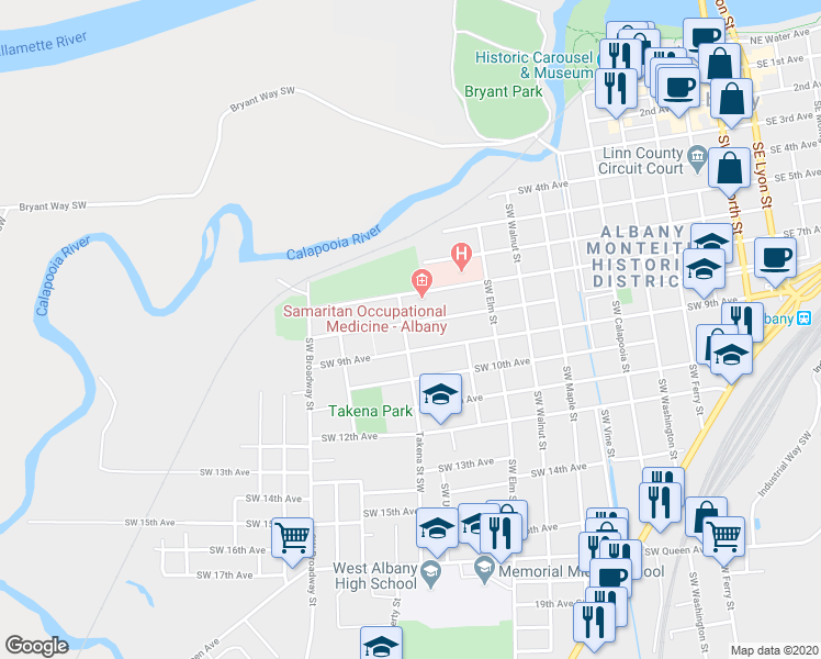 map of restaurants, bars, coffee shops, grocery stores, and more near 815 Takena Street Southwest in Albany