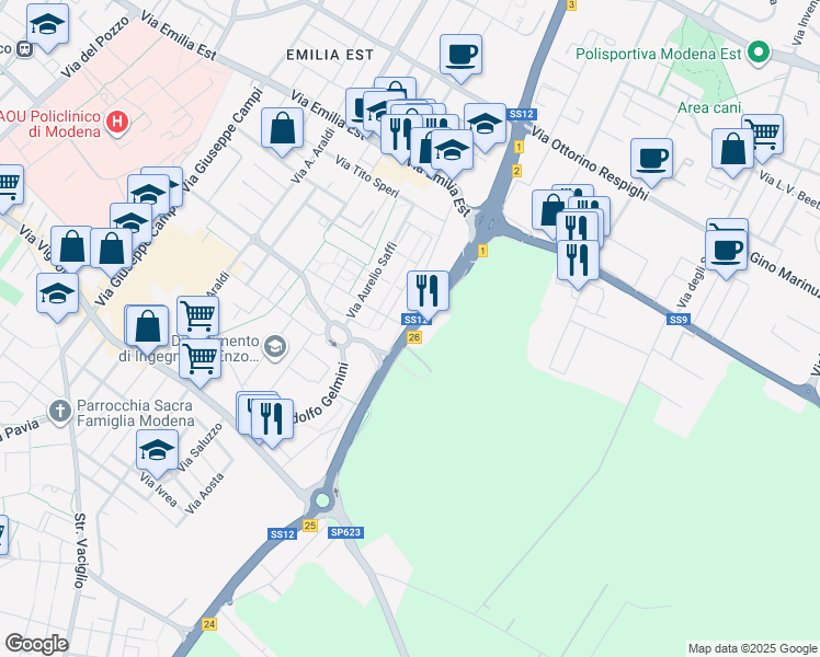 map of restaurants, bars, coffee shops, grocery stores, and more near 128 Via Nuova Estense in Modena