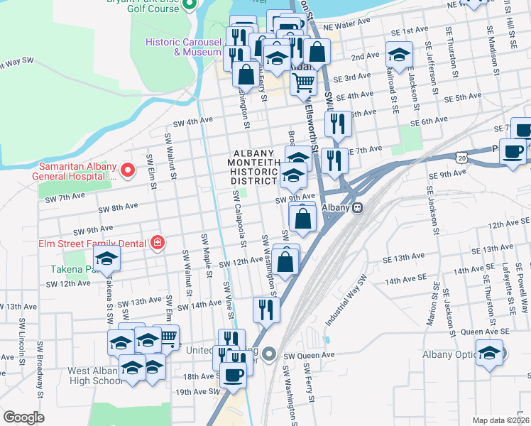 map of restaurants, bars, coffee shops, grocery stores, and more near 921 Southwest Washington Street in Albany
