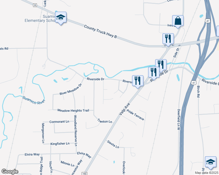 map of restaurants, bars, coffee shops, grocery stores, and more near 1925 Little River Path in Suamico