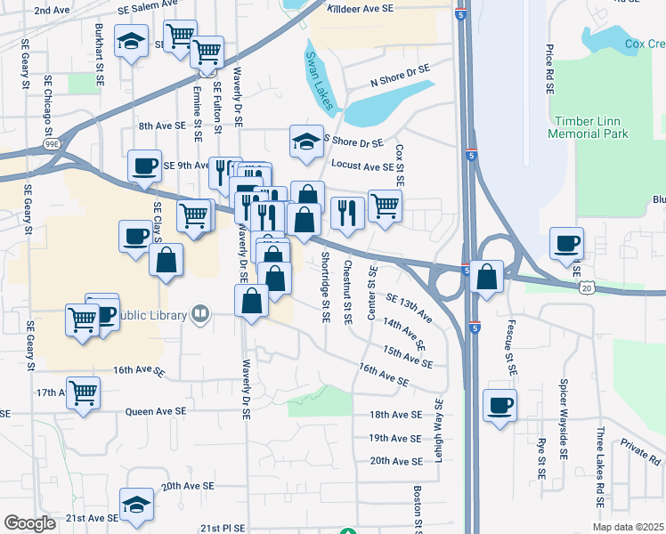 map of restaurants, bars, coffee shops, grocery stores, and more near 1305 Shortridge Street Southeast in Albany