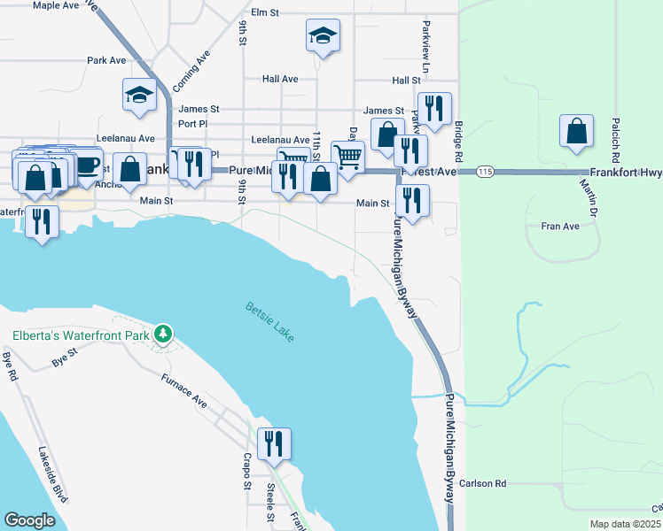 map of restaurants, bars, coffee shops, grocery stores, and more near Betsie Valley Trailway in Frankfort