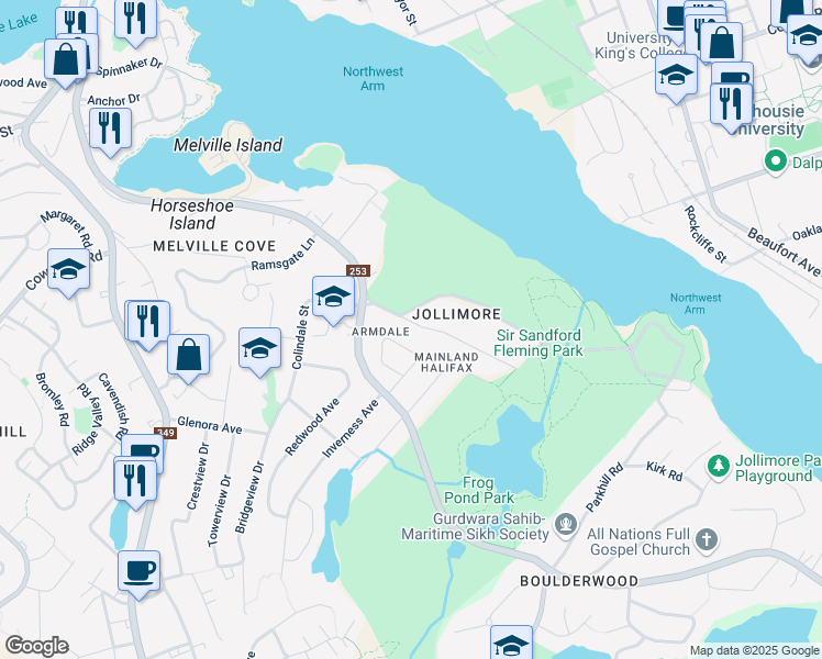 map of restaurants, bars, coffee shops, grocery stores, and more near 5 Fleming Drive in Halifax