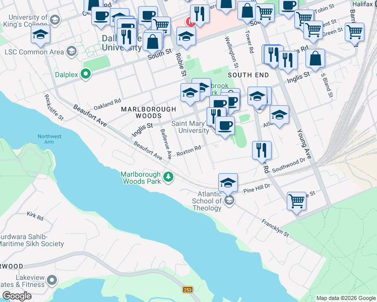 map of restaurants, bars, coffee shops, grocery stores, and more near Roxton Road in Halifax