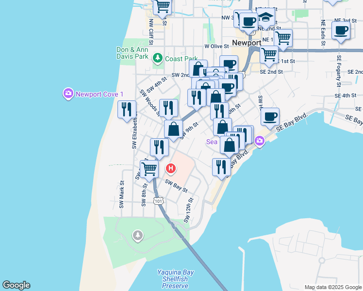 map of restaurants, bars, coffee shops, grocery stores, and more near 579 Southwest 9th Street in Newport