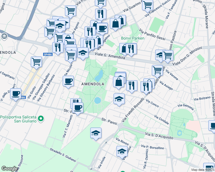 map of restaurants, bars, coffee shops, grocery stores, and more near 2-52 Via Simone Martini in Modena