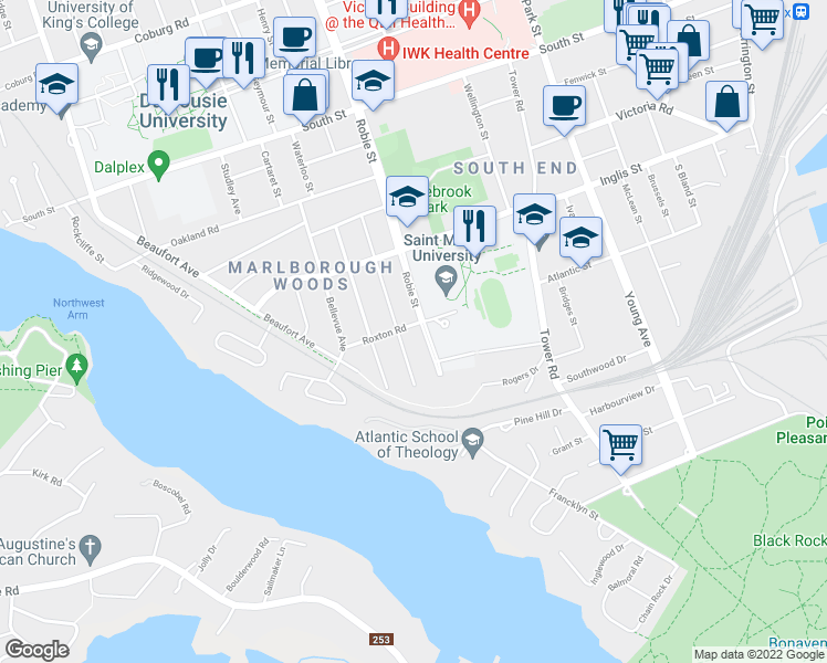 map of restaurants, bars, coffee shops, grocery stores, and more near 923 Robie Street in Halifax