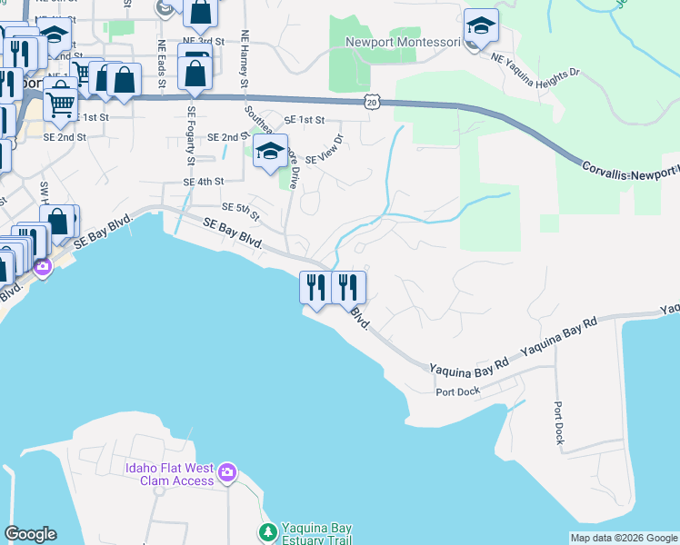 map of restaurants, bars, coffee shops, grocery stores, and more near 1005 Southeast Bay Boulevard in Newport