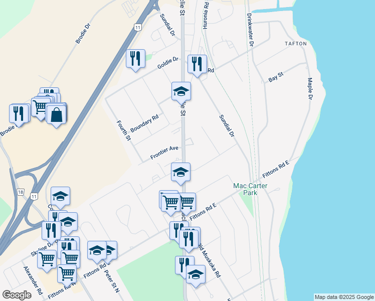 map of restaurants, bars, coffee shops, grocery stores, and more near 492 Laclie Street in Orillia