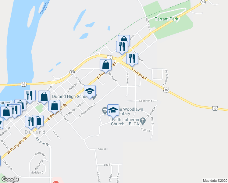 map of restaurants, bars, coffee shops, grocery stores, and more near 831 East Washington Street in Durand