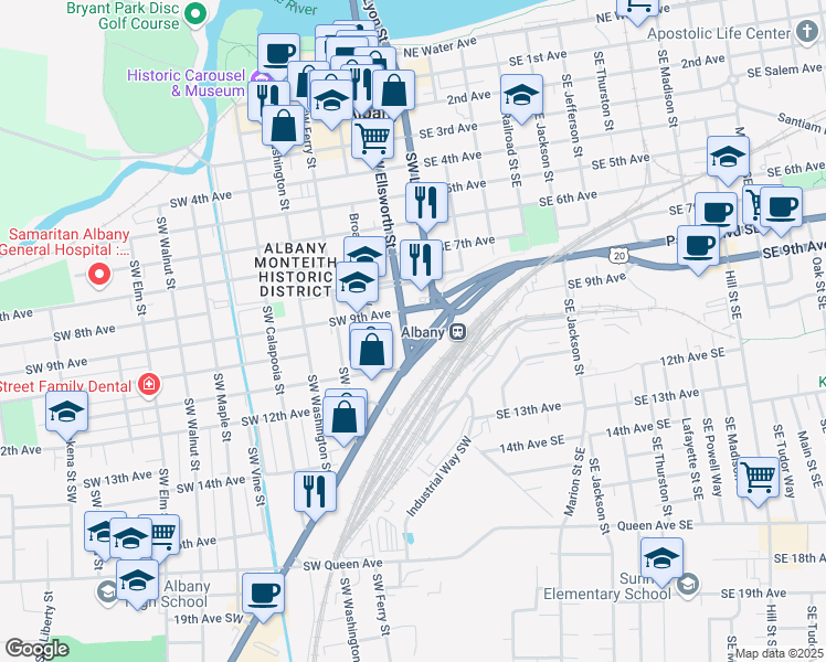 map of restaurants, bars, coffee shops, grocery stores, and more near 201-221 Southwest 9th Avenue in Albany