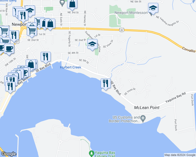 map of restaurants, bars, coffee shops, grocery stores, and more near 890 Southeast Bay Boulevard in Newport