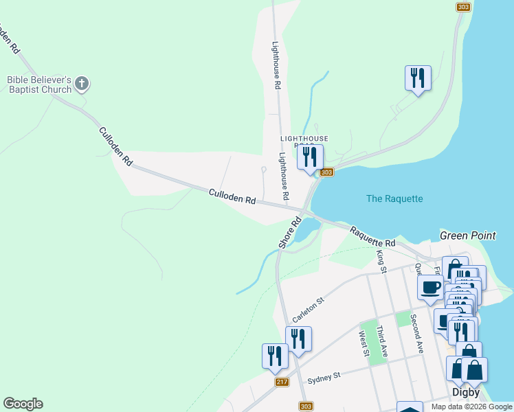 map of restaurants, bars, coffee shops, grocery stores, and more near 36 Culloden Road in Digby