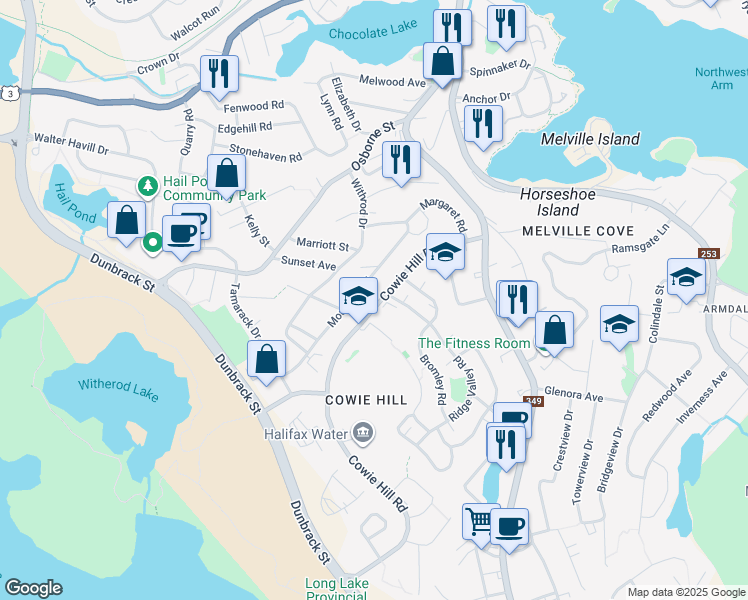 map of restaurants, bars, coffee shops, grocery stores, and more near 177 Cowie Hill Road in Halifax