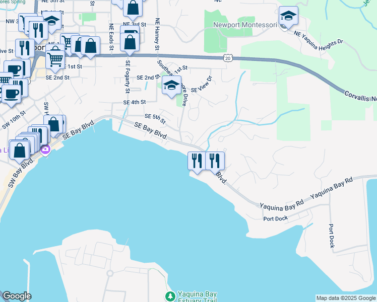 map of restaurants, bars, coffee shops, grocery stores, and more near 1 Southeast Bay Boulevard in Newport