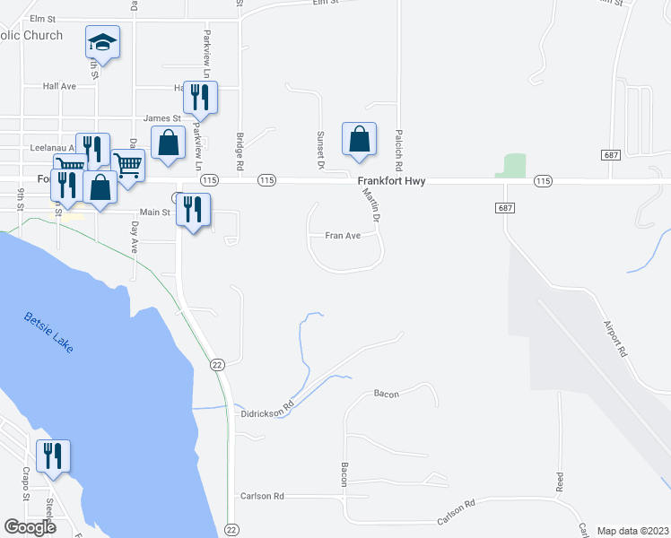 map of restaurants, bars, coffee shops, grocery stores, and more near 1222 Martin Drive in Frankfort