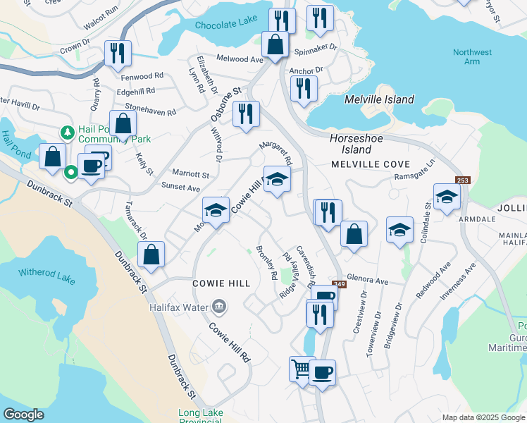map of restaurants, bars, coffee shops, grocery stores, and more near 34 Limerick Road in Halifax