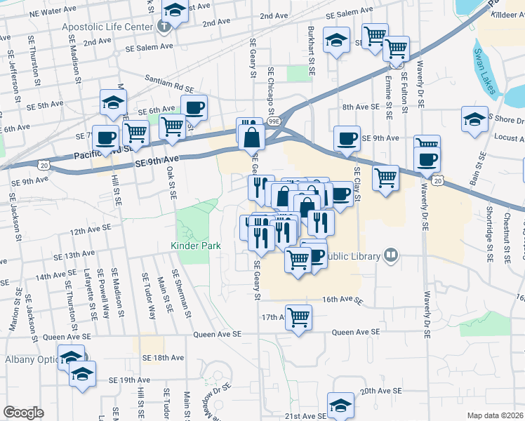 map of restaurants, bars, coffee shops, grocery stores, and more near 1163 Southeast Geary Street in Albany