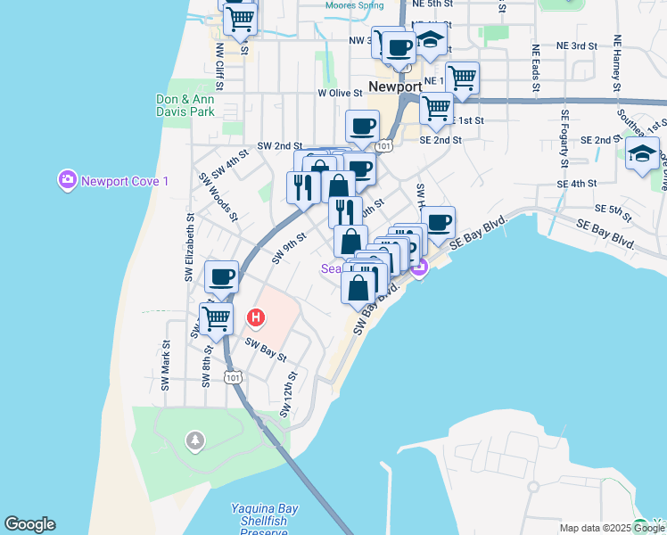 map of restaurants, bars, coffee shops, grocery stores, and more near 501 Southwest 11th Street in Newport