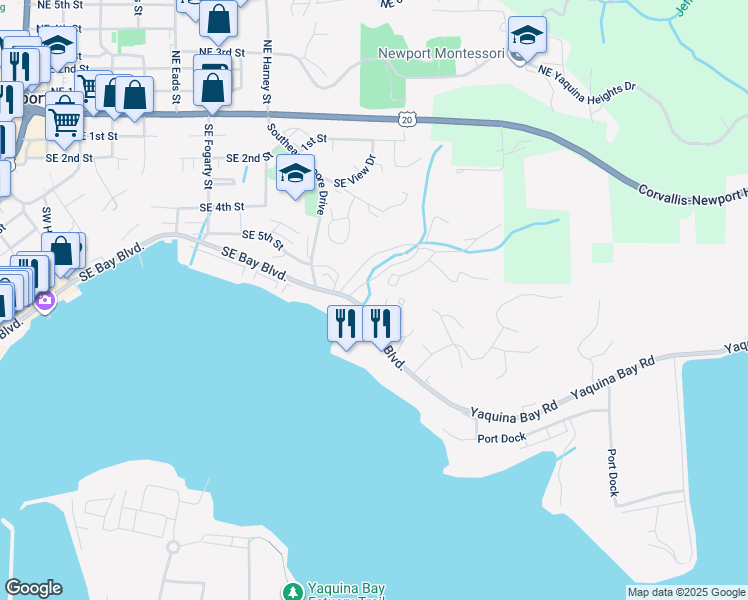 map of restaurants, bars, coffee shops, grocery stores, and more near 1005 Southeast Bay Boulevard in Newport