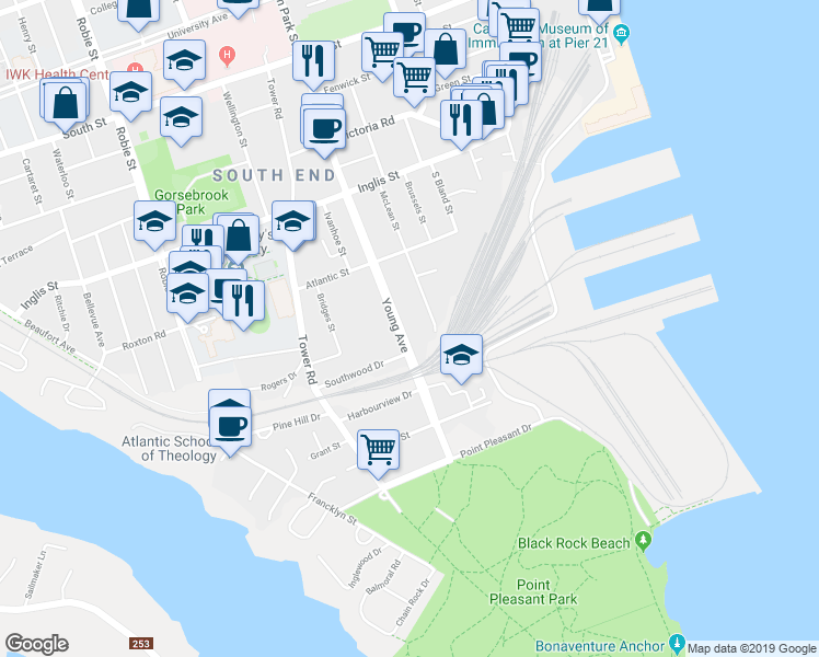 map of restaurants, bars, coffee shops, grocery stores, and more near 781 Young Avenue in Halifax