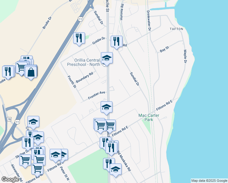 map of restaurants, bars, coffee shops, grocery stores, and more near 492 Laclie Street in Orillia