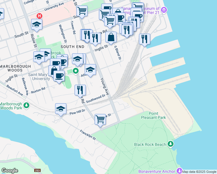 map of restaurants, bars, coffee shops, grocery stores, and more near 781 Young Avenue in Halifax