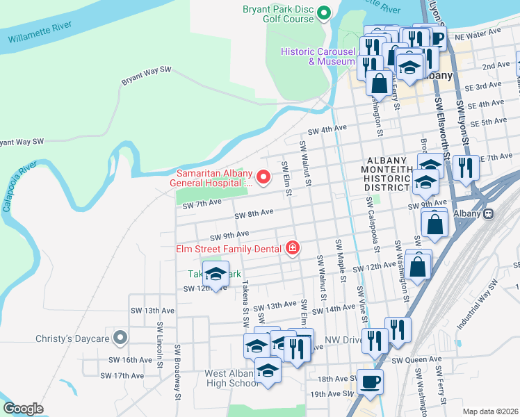 map of restaurants, bars, coffee shops, grocery stores, and more near 1086 Southwest 7th Avenue in Albany
